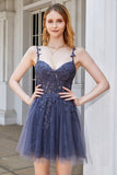 A Line Spaghetti Straps Grey Short Homecoming Dress with Appliques