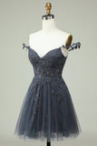 Cute A Line Spaghetti Straps Grey Short Homecoming Dress with Appliques