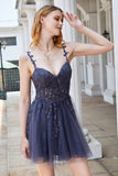 Navy Spaghetti Straps Short Homecoming Dress with Appliques