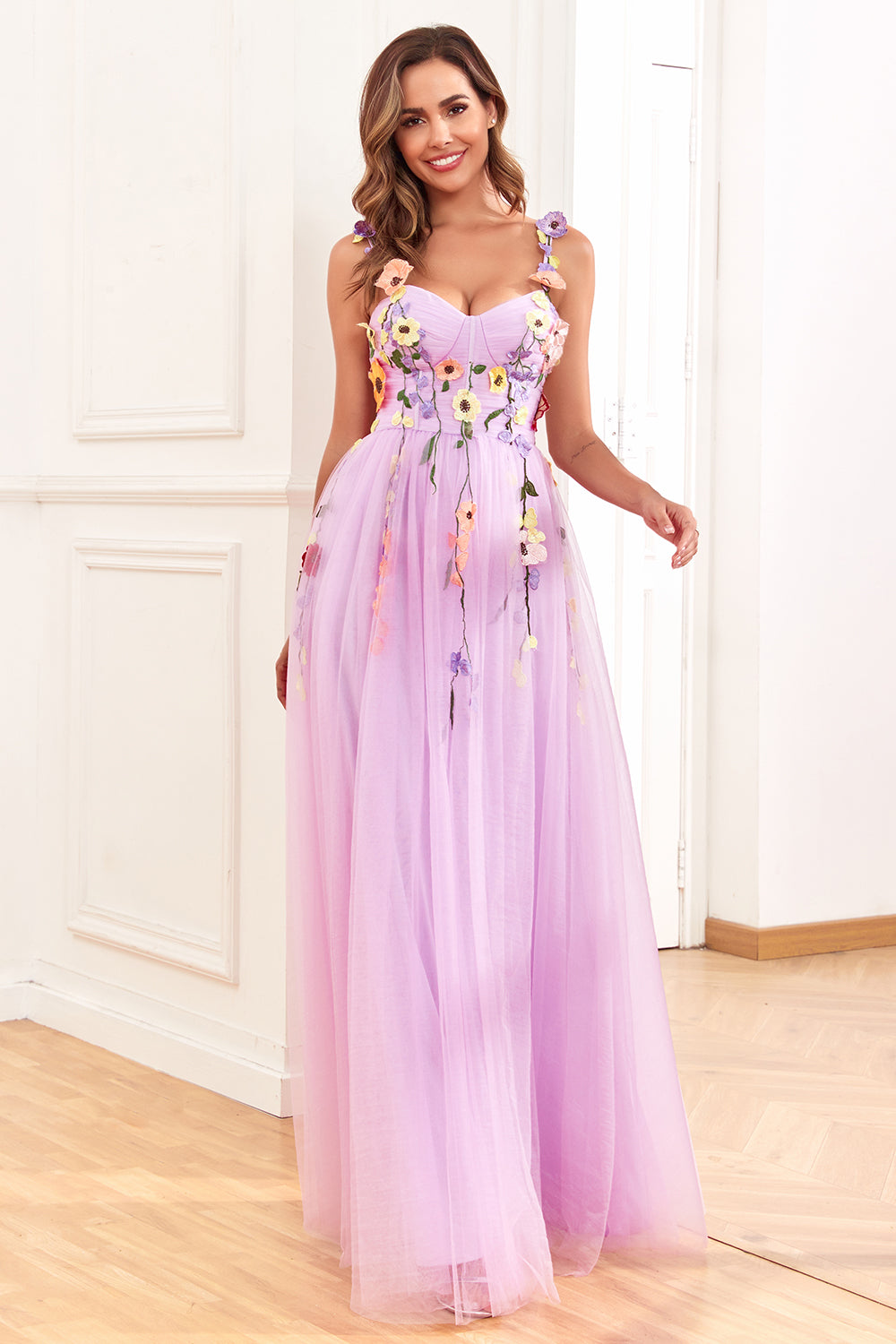 A Line Spaghetti Straps Purple Long Prom Dress with 3D Flowers