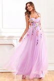 A Line Spaghetti Straps Purple Long Prom Dress with 3D Flowers