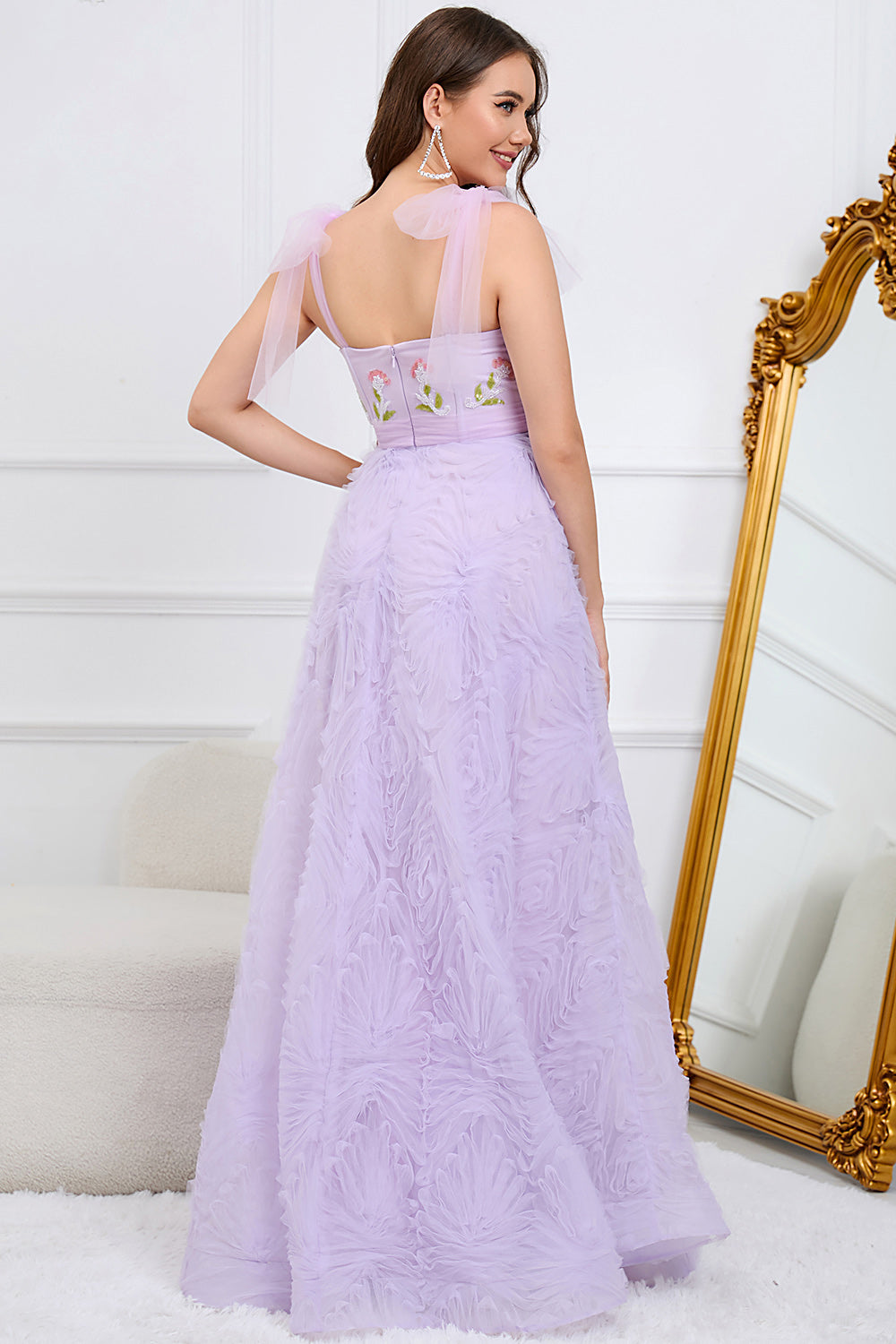 Zapaka Purple Prom Dress A-Line Spaghetti Straps Tulle Party Dress with Appliques, Purple / US14
