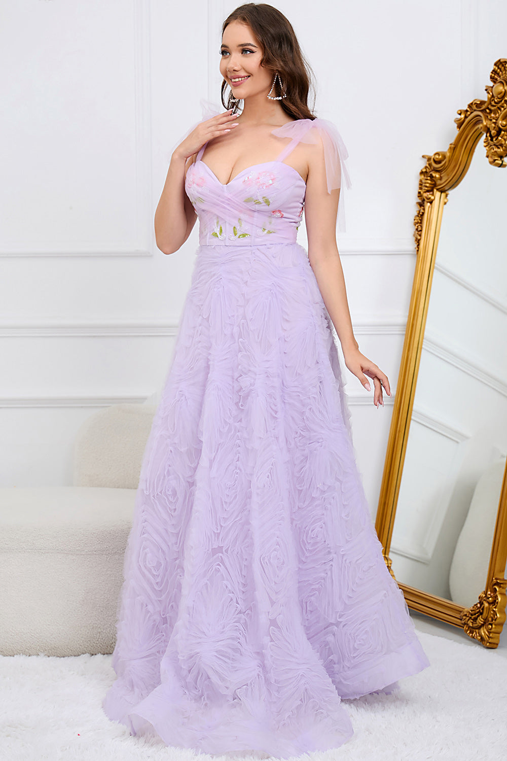 Zapaka Purple Prom Dress A-Line Spaghetti Straps Tulle Party Dress with Appliques, Purple / US14