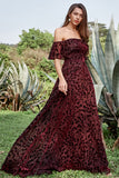 Burgundy Flower A Line Off The Shoulder Evening Dress