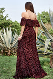 Burgundy Flower A Line Off The Shoulder Evening Dress