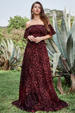 Burgundy Flower A Line Off The Shoulder Evening Dress