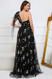 A-Line One Shoulder Black Floor Length Prom Dress With Embroidery
