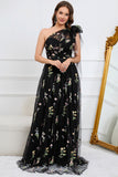 A-Line One Shoulder Black Floor Length Prom Dress With Embroidery