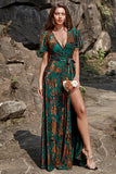 A-Line V Neck Dark Green Burnout Velvet Floor Length Prom Dress with Short Sleeves