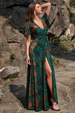 A-Line V Neck Dark Green Burnout Velvet Floor Length Prom Dress with Short Sleeves