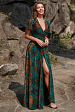 A-Line V Neck Dark Green Burnout Velvet Floor Length Prom Dress with Short Sleeves