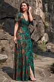 A-Line V Neck Dark Green Burnout Velvet Floor Length Prom Dress with Short Sleeves