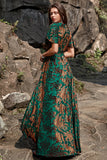 A-Line V Neck Dark Green Burnout Velvet Floor Length Prom Dress with Short Sleeves