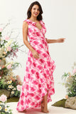 A Line V Neck Pink Flower Printed Long Bridesmaid Dress with Ruffles