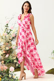 A Line V Neck Pink Flower Printed Long Bridesmaid Dress with Ruffles