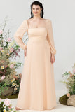 Square Neck Peach Plus Size Bridesmaid Dress with Sleeves