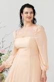 Square Neck Peach Plus Size Bridesmaid Dress with Sleeves