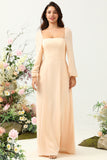 A Line Square Neck Peach Long Bridesmaid Dress with Sleeves