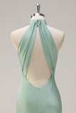 Halter Open Back Lemon Green Long Bridesmaid Dress