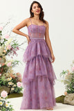 Purple Printed A Line Tiered Sheer Boned Corset Long Prom Dress