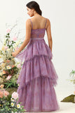Purple Printed A Line Tiered Sheer Boned Corset Long Prom Dress