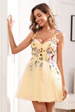Cute A Line Spaghetti Straps Champagne Short Homecoming Dress with Appliques
