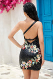 One Shoulder Black Sequin Beading Homecoming Dress