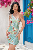 Sparkly Sequin One Shoulder Tight Floral Black Homecoming Dress with Beading