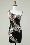 Bodycon One Shoulder Black Sequin Beading Homecoming Dress