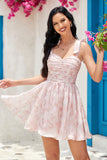 Unique A Line Spaghetti Straps Grey Pink Printed Short Homecoming Dress