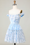 Cute A Line Off the Shoulder Blue Printed Short Homecoming Dress with Ruffles