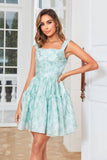 Cute A Line Off the Shoulder Blue Printed Short Homecoming Dress with Ruffles
