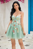 Stylish A Line Spaghetti Straps Champagne Short Homecoming Dress with Appliques