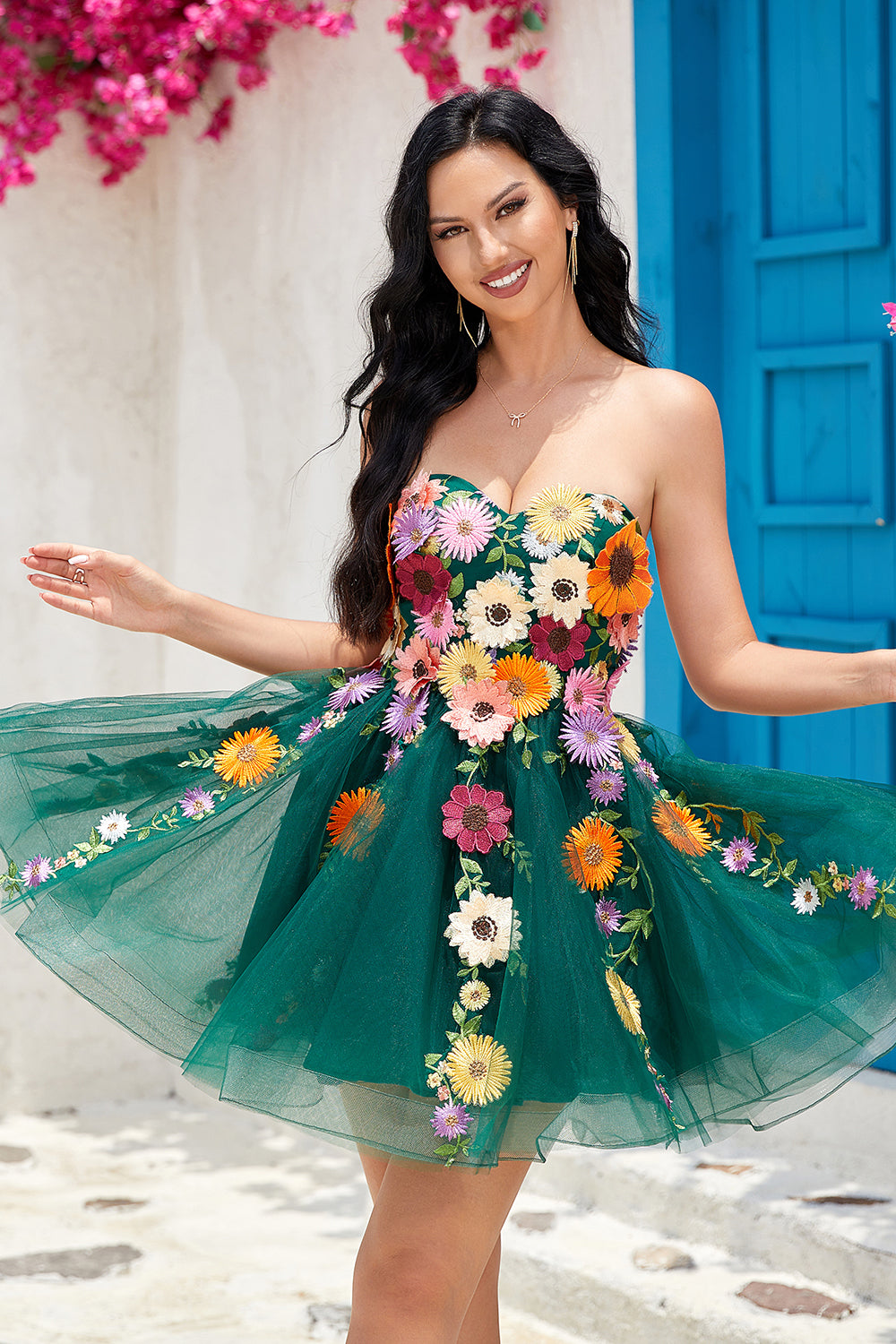 Gorgeous A Line Dark Green Strapless Homecoming Dress with 3D Flowers