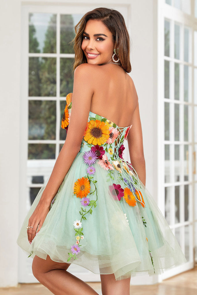 ZAPAKA Women Light Green Homecoming Dress with 3D Flowers Strapless A