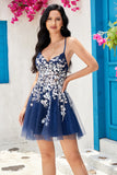 Stylish A Line Navy Spaghetti Straps Homecoming Dress With Criss Cross Back