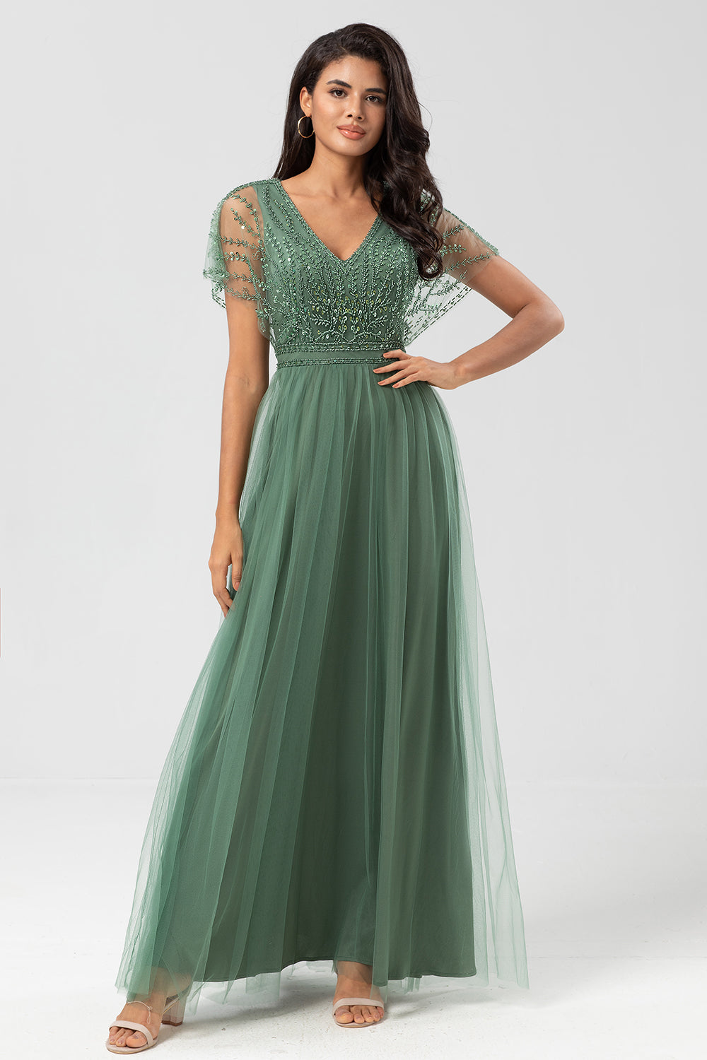 ZAPAKA Women Beaded Eucalyptus Bridesmaid Dress with Sequins Tulle A-Line Wedding Guest Dress, Eucalyptus / US4 ZAPAKA Women Beaded Eucalyptus Bridesmaid Dress with Sequins Tulle A-Line Wedding Guest Dress, Eucalyptus / US4