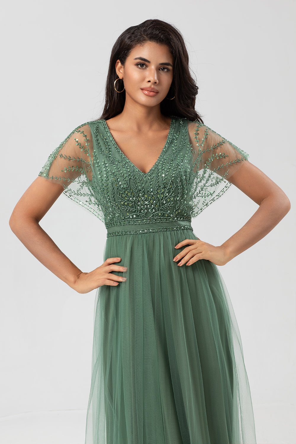 ZAPAKA Women Beaded Eucalyptus Bridesmaid Dress with Sequins Tulle A-Line Wedding Guest Dress, Eucalyptus / US4 ZAPAKA Women Beaded Eucalyptus Bridesmaid Dress with Sequins Tulle A-Line Wedding Guest Dress, Eucalyptus / US4