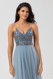 Chic Romantic A Line Spaghetti Straps Dusty Blue Long Bridesmaid Dress with Beading