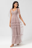 Keeper of My Heart A-Line V Neck Dusty Pink Long Bridesmaid Dress with Beading