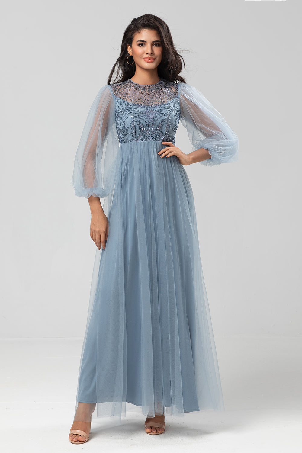 Chic Romantic A Line Jewel Neck Grey Blue Long Bridesmaid Dress with Long Sleeves