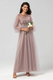 Chic Romantic A Line Jewel Neck Grey Blue Long Bridesmaid Dress with Long Sleeves