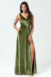 V-Neck Sleeveless Olive Velvet Bridesmaid Dress