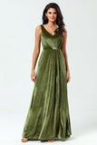 V-Neck Sleeveless Olive Velvet Bridesmaid Dress