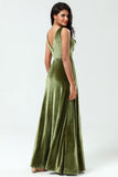 V-Neck Sleeveless Olive Velvet Bridesmaid Dress