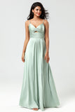 Keyhole Spaghetti Straps Cut Out Matcha Bridesmaid Dress with Slit