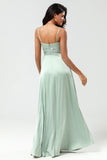 Keyhole Spaghetti Straps Cut Out Matcha Bridesmaid Dress with Slit