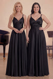 A Line Black Spaghetti Straps Long Choir Dress with Ruffles