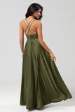 A-Line Sleeveless Olive Long Bridesmaid Dress