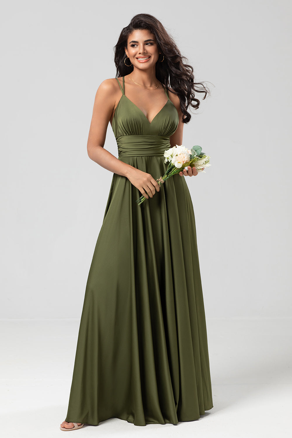 ZAPAKA Women Olive Long Bridesmaid Dress A-Line Sleeveless Wedding Guest Dress, Olive / US4
